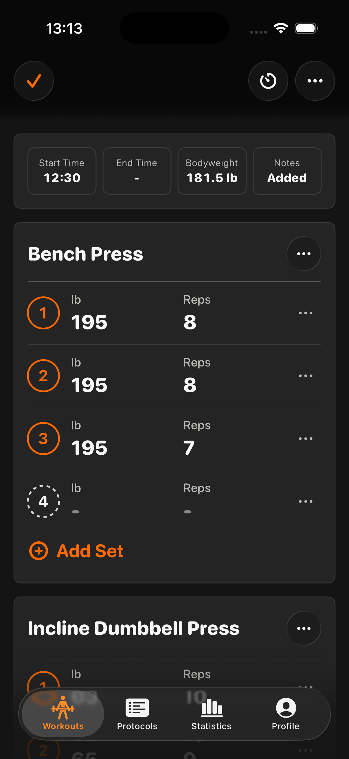 Protocol showing an active Push Day workout with completed and upcoming bench press sets