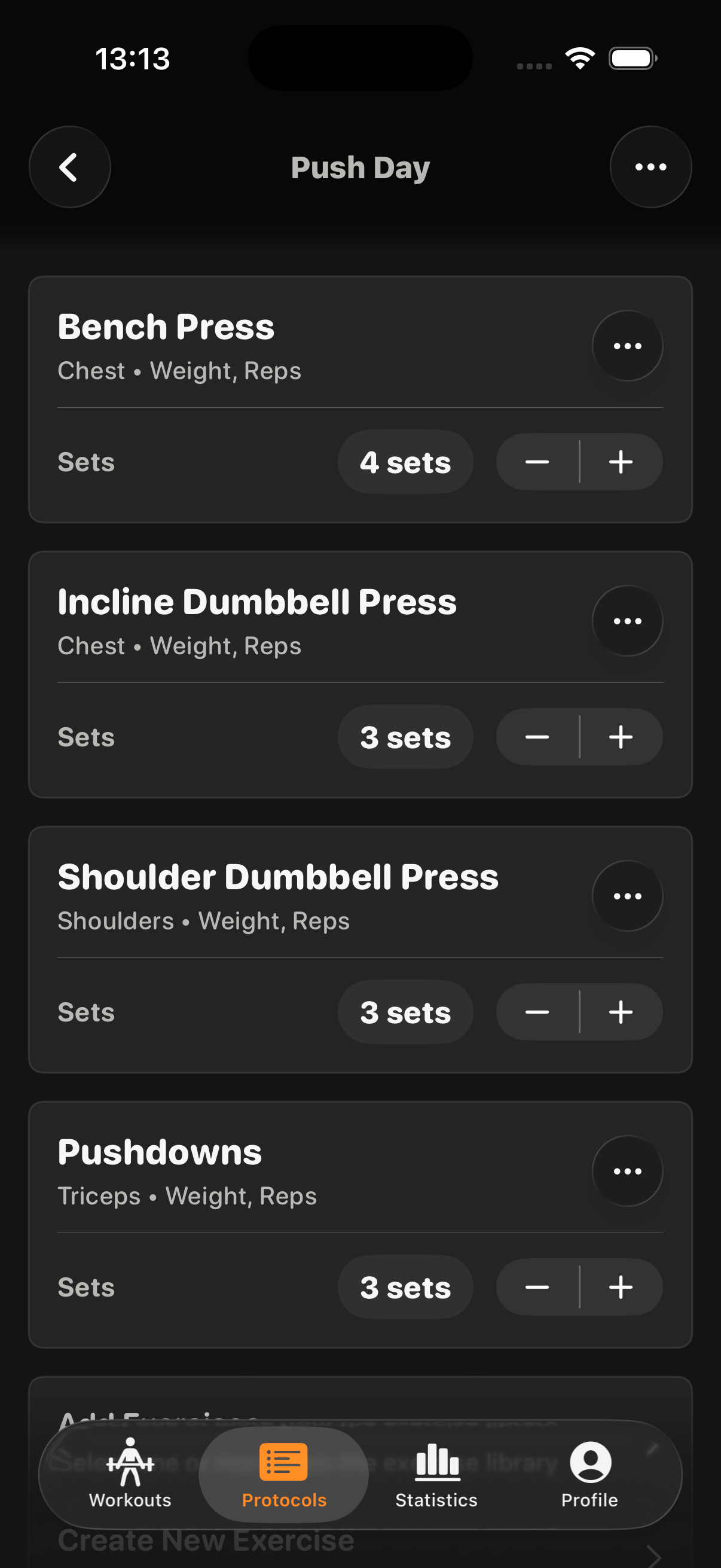 Protocol showing a reusable Push Day protocol with four exercises and planned sets
